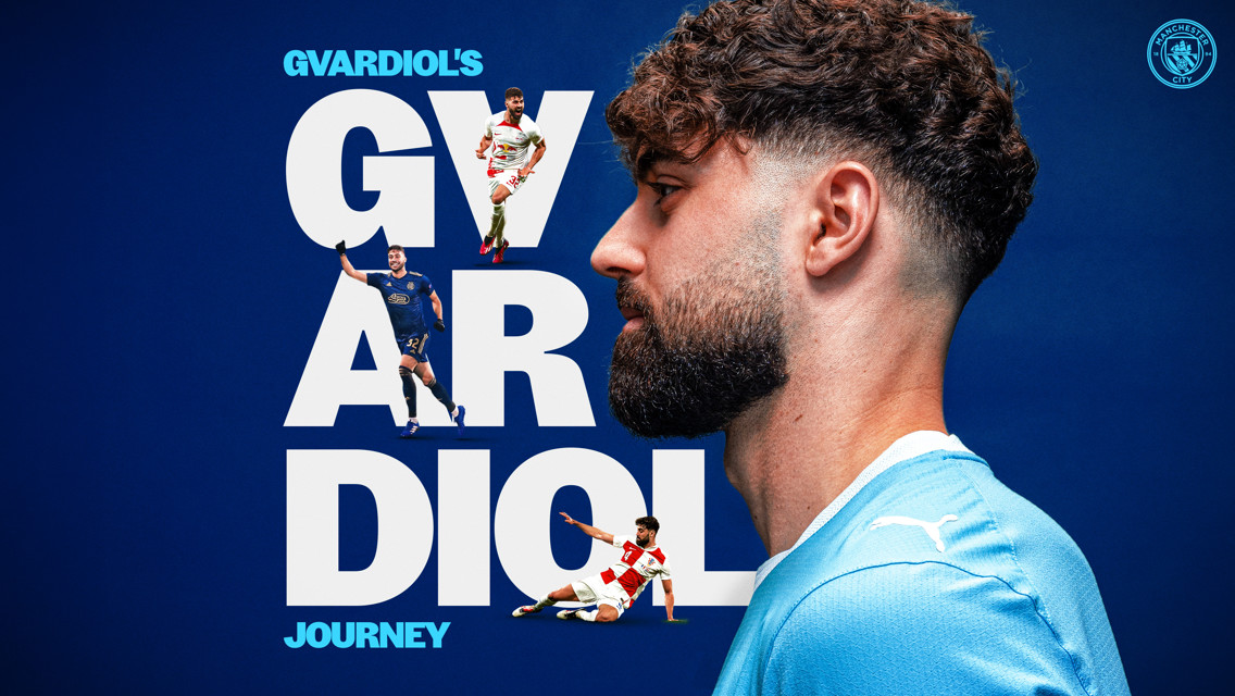Profile of a person in a Manchester City shirt with 'Gvardiol's Journey' text featuring different soccer images on a blue background.