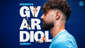 Profile of a person in a Manchester City shirt with 'Gvardiol's Journey' text featuring different soccer images on a blue background.