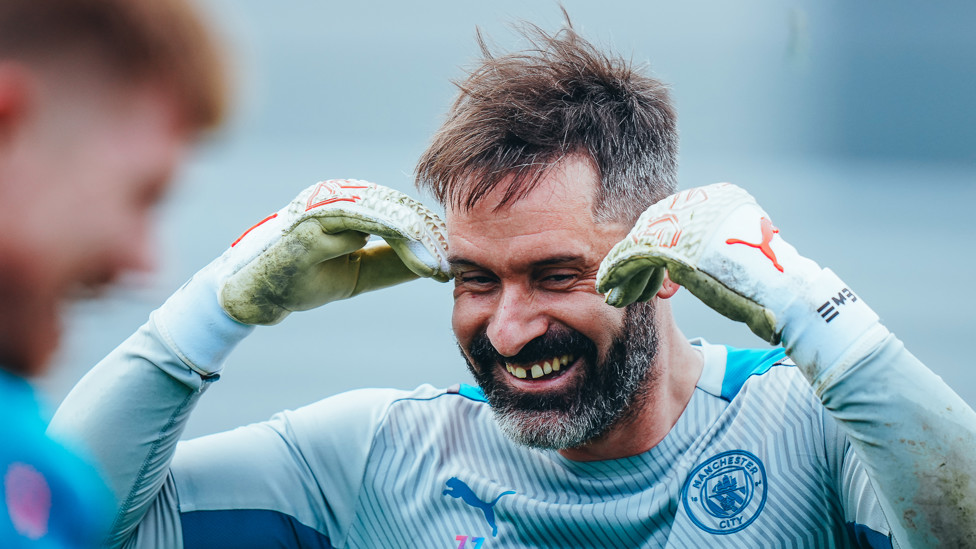 ALL SMILES: Scott Carson was in high spirits at Tuesday's session
