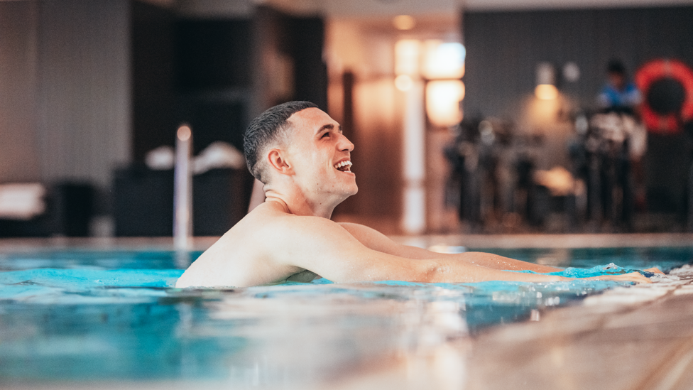 TABLE TOPPERS : Phil Foden looks in high spirits after our Champions League progress was assured