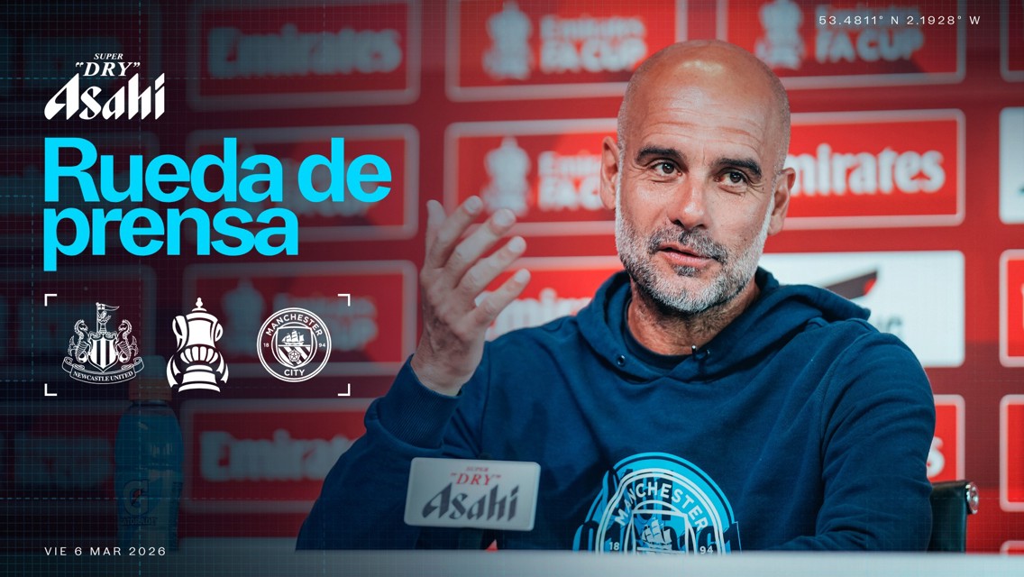 Press conference graphic featuring Newcastle United and Manchester City logos for an FA Cup match scheduled on Friday, March 6, 2026, with Asahi sponsorship.