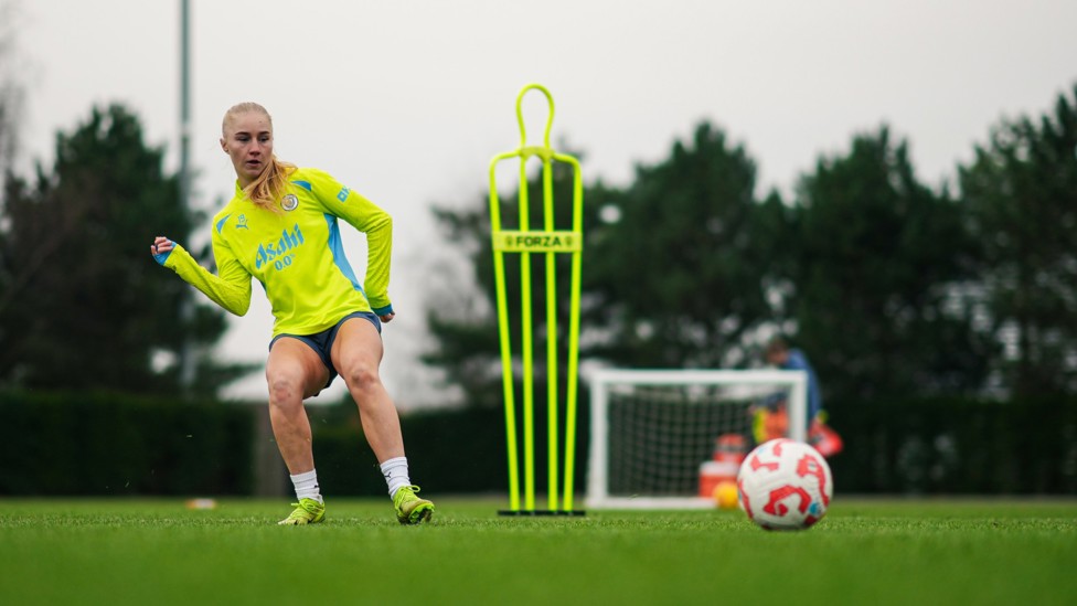 LIONESS  : Laura Blindkilde Brown passes the ball after earning her first England cap.