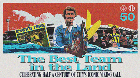 A stylized poster featuring images of a football player, a stadium, and Ipswich Town references, with text 'The Best Team in the Land' and the number 50.
