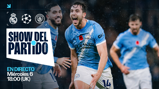 Promotional image for the upcoming match between Real Madrid and Manchester City on Wednesday, the 6th at 18:00 UK time. Features Manchester City players celebrating on the field with show title 'Show del Partido'.