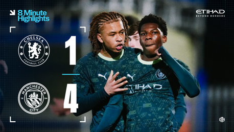 Chelsea vs Manchester City match highlights with score 1-4. Manchester City players celebrating a goal.