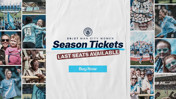 Promotion for Man City Women 26/27 season tickets with 'Last Seats Available' highlighted, featuring team and fan photos.
