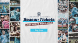 Promotion for Man City Women 26/27 season tickets with 'Last Seats Available' highlighted, featuring team and fan photos.