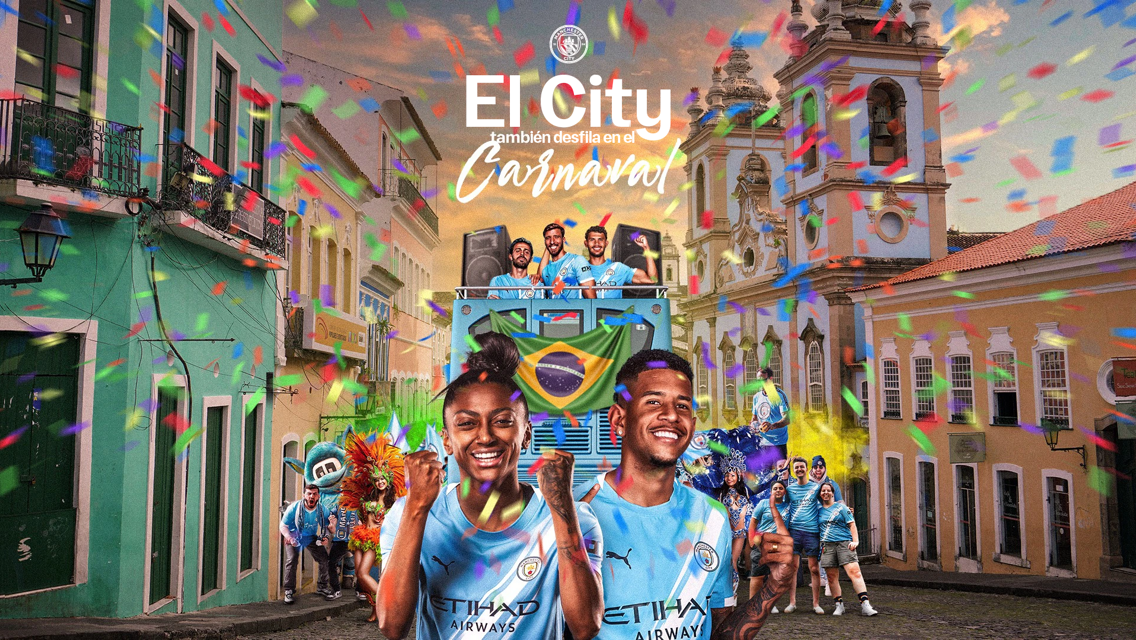 Manchester City themed carnival scene featuring a Brazilian flag, people in Man City jerseys, and colorful confetti on a street with colonial-style architecture.