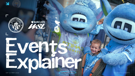 Manchester City event poster featuring mascots Moonbeam and Moonchester with a child, promoting a Barclays Women's Super League match on 21 March 2026.
