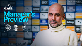 A manager's preview image for a match between Manchester City and Salford City, sponsored by Asahi. The match is scheduled for Fri 13 Feb 2026 and features the FA Cup logo.