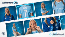 Collage of a female soccer player wearing a Manchester City jersey with 'Mead 7' on the back, highlighted by 'Welcome to City' text.