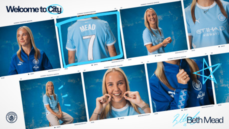Collage of a female soccer player wearing a Manchester City jersey with 'Mead 7' on the back, highlighted by 'Welcome to City' text.