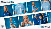 Collage of a female soccer player wearing a Manchester City jersey with 'Mead 7' on the back, highlighted by 'Welcome to City' text.