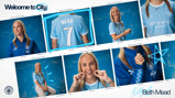 Collage of a female soccer player wearing a Manchester City jersey with 'Mead 7' on the back, highlighted by 'Welcome to City' text.