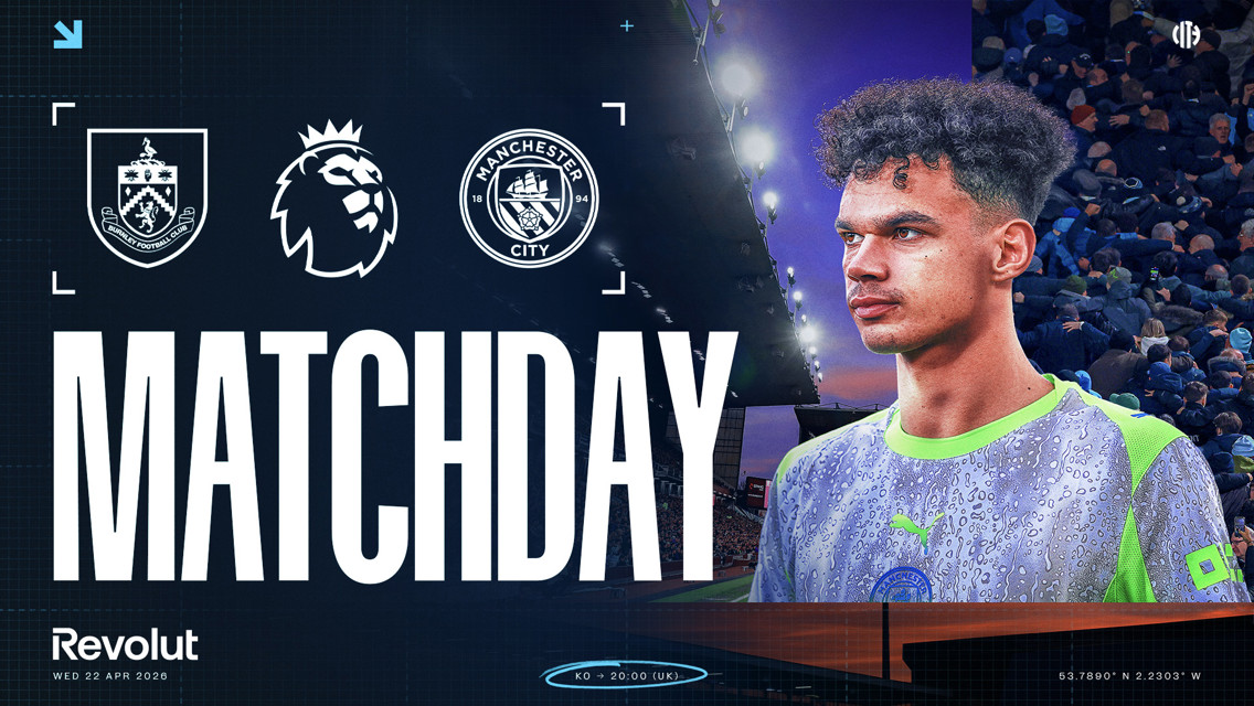 Matchday graphic for Burnley vs Manchester City in the Premier League, scheduled for Wednesday, April 22, 2026, at 20:00 UK time. Includes club logos and organizing logos.