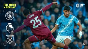 Manchester City vs West Ham United Premier League match replay poster showing two players in action. Features logos of both teams and Premier League logo.