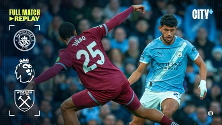 Manchester City vs West Ham United Premier League match replay poster showing two players in action. Features logos of both teams and Premier League logo.