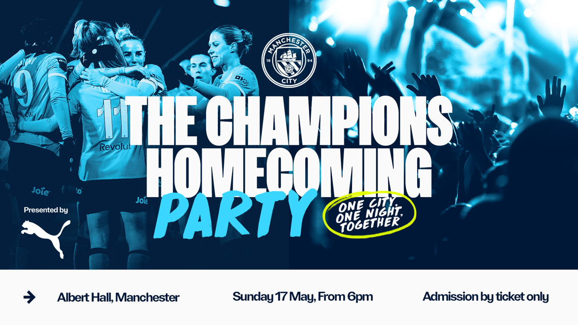 Poster for Manchester City's Champions Homecoming Party at Albert Hall, Manchester, Sunday 17 May, from 6pm. Admission by ticket only. Presented by Puma and includes Manchester City logo.