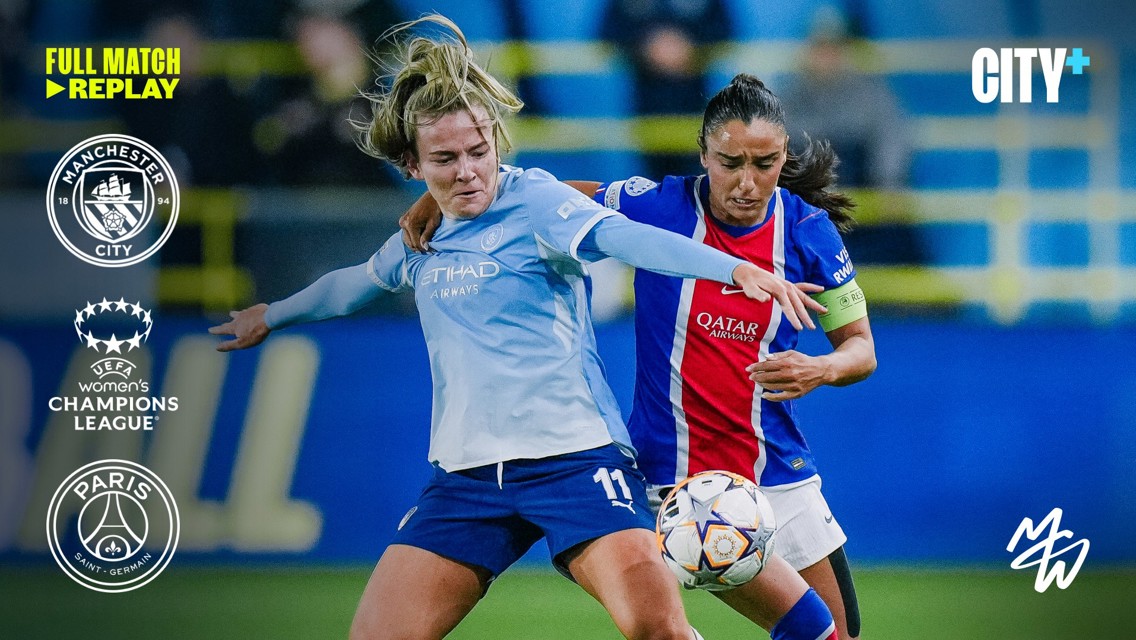 Two female soccer players competing for the ball during a Manchester City vs Paris Saint-Germain match in the UEFA Women's Champions League. Includes logos of both teams and City+ branding.
