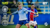 Two female soccer players competing for the ball during a Manchester City vs Paris Saint-Germain match in the UEFA Women's Champions League. Includes logos of both teams and City+ branding.
