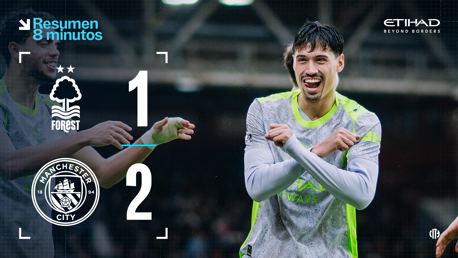 Image showing the final score of a football match between Nottingham Forest and Manchester City. The score is 1-2 in favor of Manchester City. Logos of both teams are visible with branding like Etihad Airways.