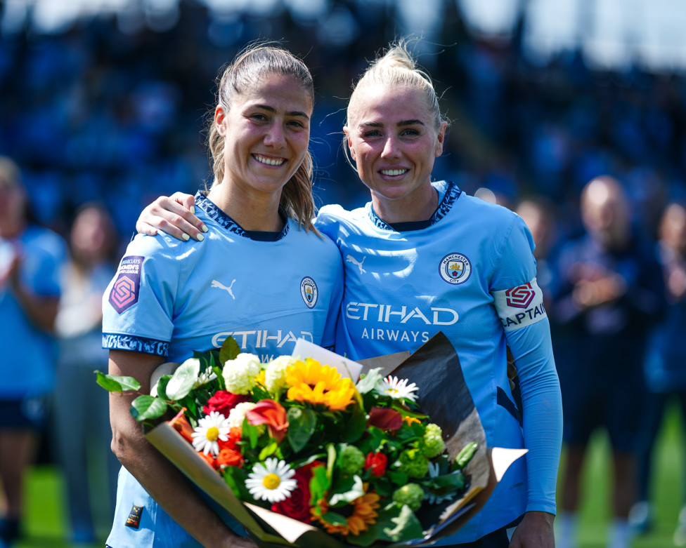 Celebrations : Laia Aleixandria and Alex Greenwood together after it was announced the Spaniard would be leaving City