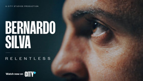 Close-up of a person's face. Text on the left reads 'Bernardo Silva Relentless.' Label 'A City Studios Production.' Available on City+.