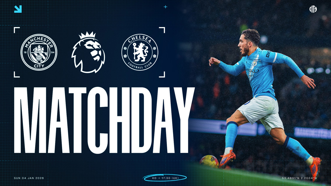 Graphic for a Manchester City vs Chelsea Premier League match on 4 Jan 2026 at 17:30 UK time. Includes logos of Manchester City, Chelsea, and Premier League.