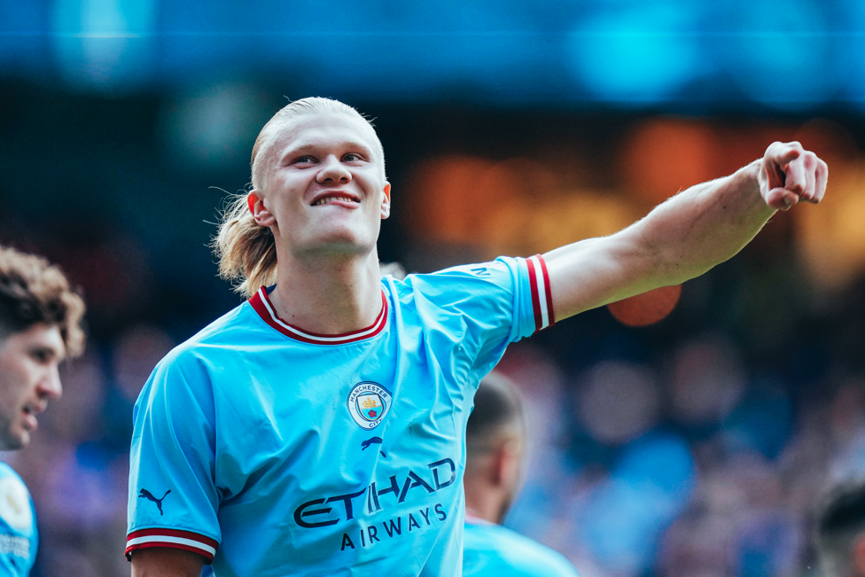 Haaland foi fundamental nos 3 a 1 contra o Leicester em abril de 2023.