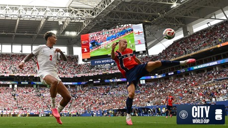 Soccer players in action during a FIFA World Cup 2026 match in Miami between Norway and England.