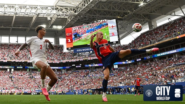 Soccer players in action during a FIFA World Cup 2026 match in Miami between Norway and England.