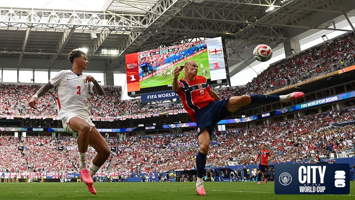 Soccer players in action during a FIFA World Cup 2026 match in Miami between Norway and England.
