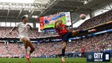 Soccer players in action during a FIFA World Cup 2026 match in Miami between Norway and England.
