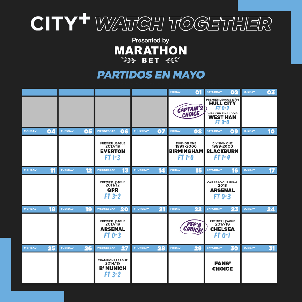 MAYO: los partidos que podrás seguir en CITY+ Watch Together.