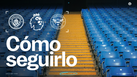 A graphic for the Manchester City vs. Brentford match in the Premier League. Date: Saturday, 9 May 2026. Start time: 17:30 (UK). Background shows blue stadium seats and stairs.
