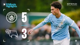 Scoreboard showing Manchester City winning 5-3 against Derby County with 8-minute highlights mentioned on the image.