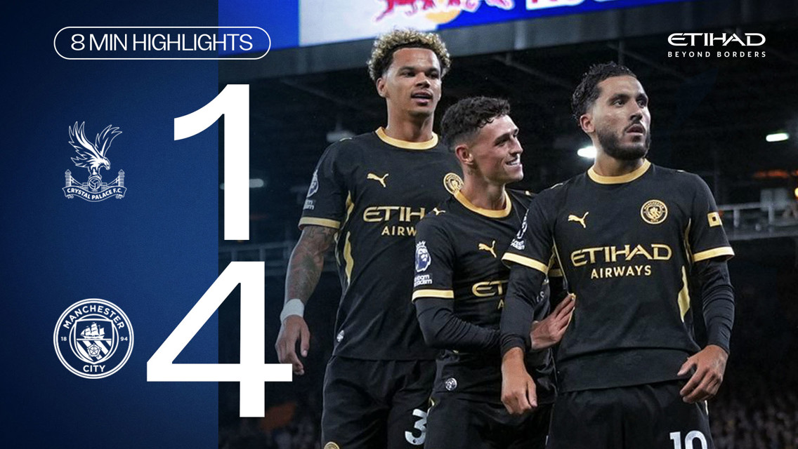 Image depicting a football match score with Manchester City winning 4-1 against Crystal Palace. Manchester City players are celebrating. The logos of both clubs are visible along with branding from Etihad Airways.