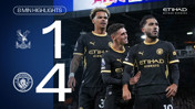Image depicting a football match score with Manchester City winning 4-1 against Crystal Palace. Manchester City players are celebrating. The logos of both clubs are visible along with branding from Etihad Airways.