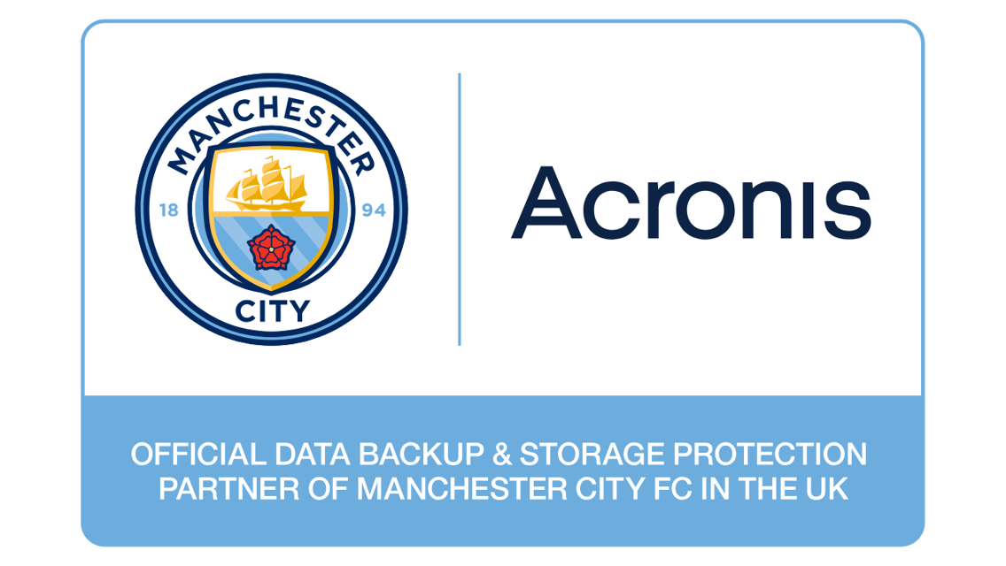 Manchester City logo beside Acronis logo, indicating official data backup & storage protection partnership.