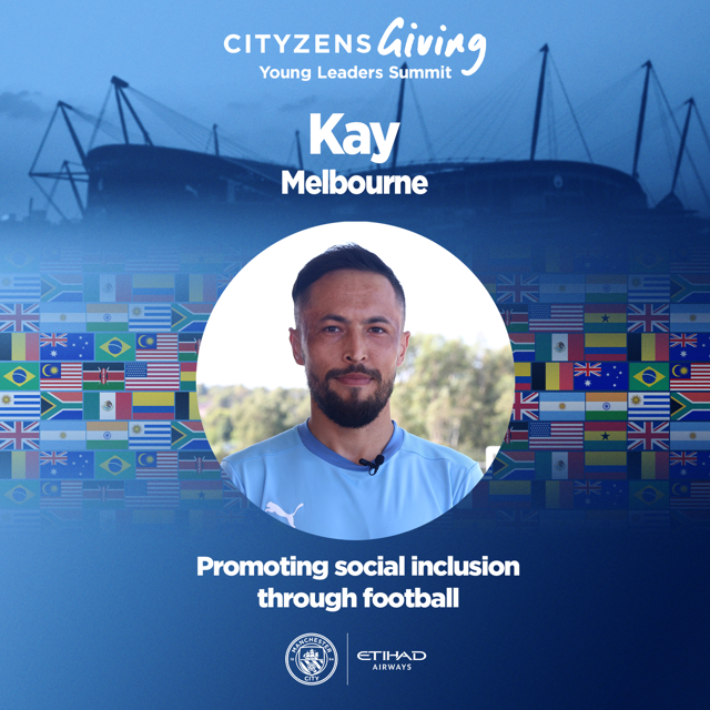 Image of a Cityzens Giving Young Leaders Summit participant named Kay from Melbourne, promoting social inclusion through football. Background includes Etihad Stadium and various international flags. Manchester City and Etihad Airways logos featured.
