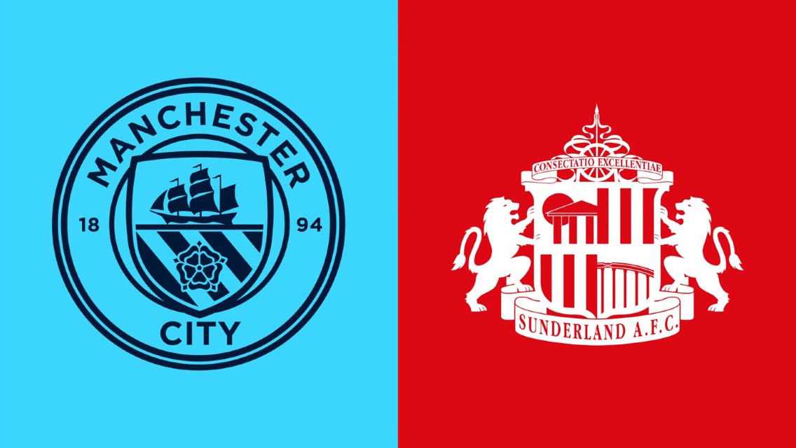 Manchester City logo on the left and Sunderland AFC logo on the right in a split background with blue and red colors.