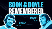 Poster with title 'Book & Doyle Remembered', featuring two blurred-out figures labeled as Book and Doyle.