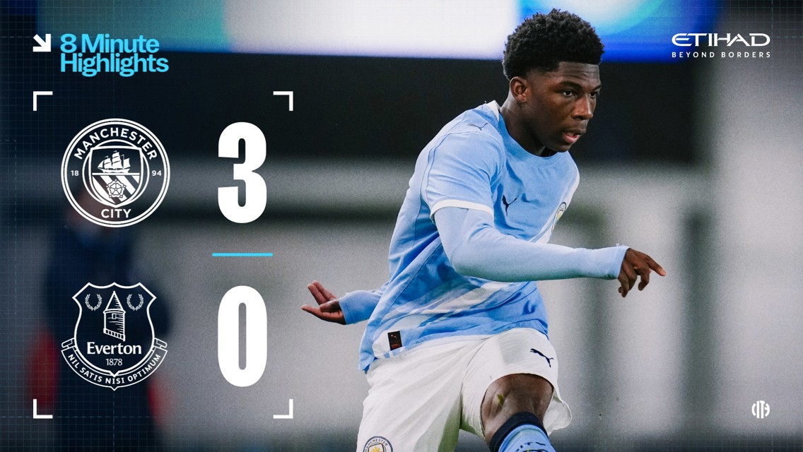 Image showing Manchester City vs Everton match score with Manchester City winning 3-0, featuring a player in action on the field.