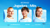 Image depicting three female football players nominated for 'Jogadora do Mês' by Etihad. The players are labeled Laura Blindkilde-Brown, Aoba Fujino, and Lauren Hemp.