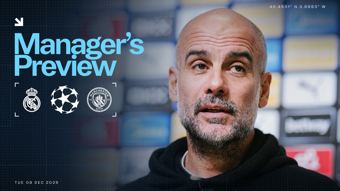 A manager's preview image featuring Real Madrid and Manchester City logos, UEFA Champions League logo, and geographic coordinates 40.4531° N 3.6883° W, dated Tue 09 Dec 2025. The manager's face is blurred.