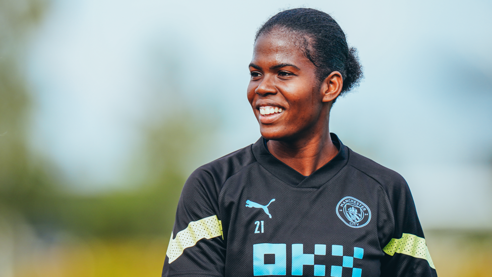 ALL SMILES  : Khadija Shaw is certainly looking forward to Spurs after her Leicester brace