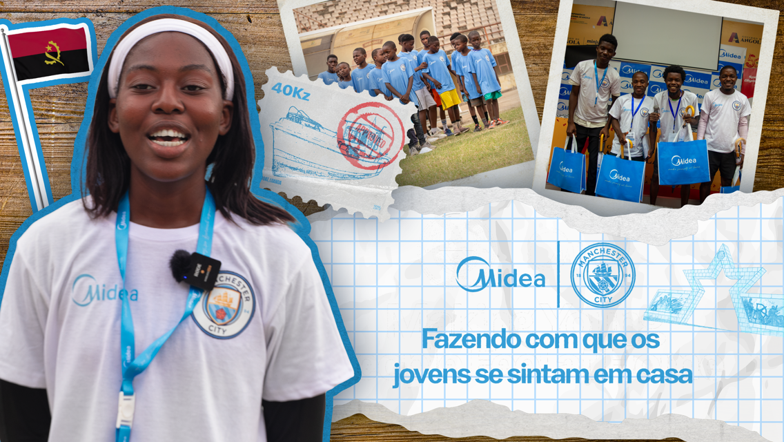 Collage showing a person wearing a Midea and Manchester City shirt, a group of children in football uniforms, and individuals holding Midea bags, with the text 'Fazendo com que os jovens se sintam em casa.'