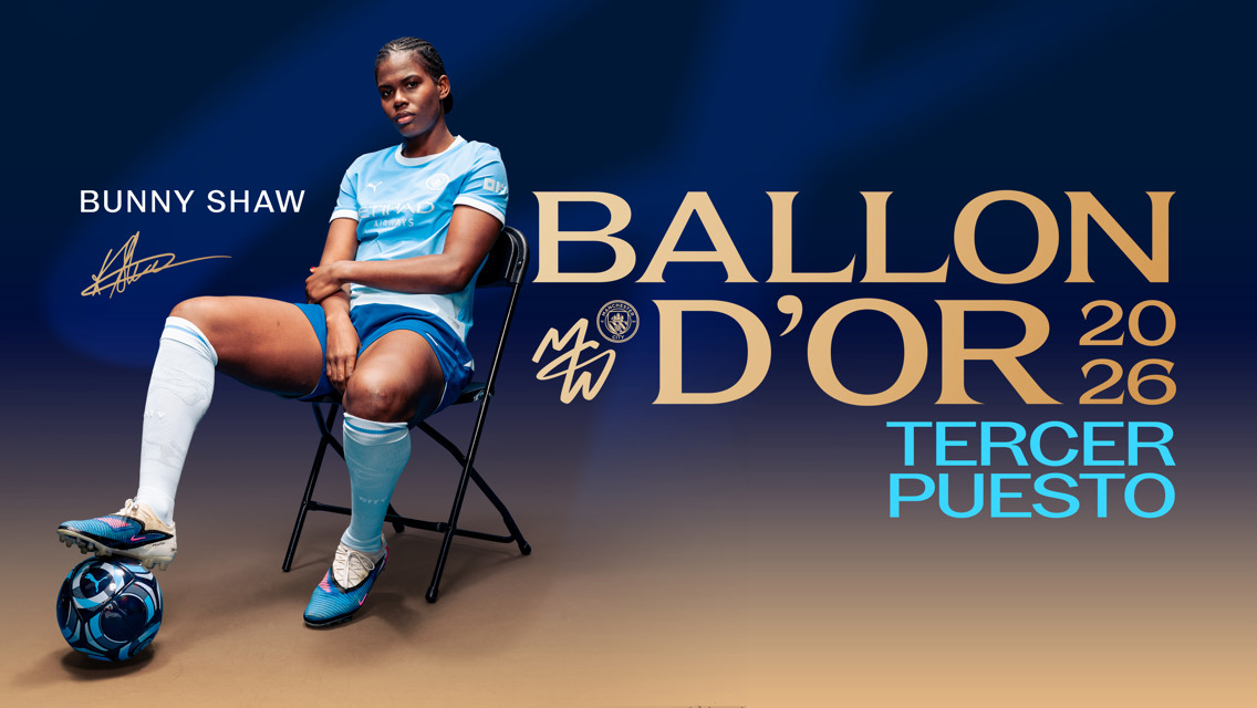 Poster featuring Bunny Shaw sitting on a chair in a light blue football kit with a ball by her foot. Text highlights her third-place position in the 2026 Ballon d'Or.