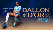 Poster featuring Bunny Shaw sitting on a chair in a light blue football kit with a ball by her foot. Text highlights her third-place position in the 2026 Ballon d'Or.
