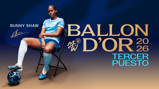Poster featuring Bunny Shaw sitting on a chair in a light blue football kit with a ball by her foot. Text highlights her third-place position in the 2026 Ballon d'Or.